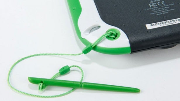 LeapPad Ultra stylus attached to the tablet by a green cord.