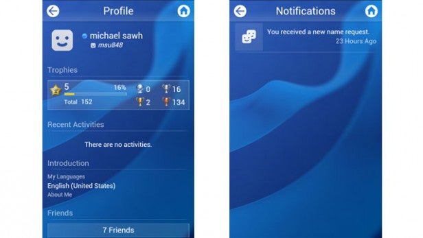Screenshots of PlayStation app profile and notification pages.