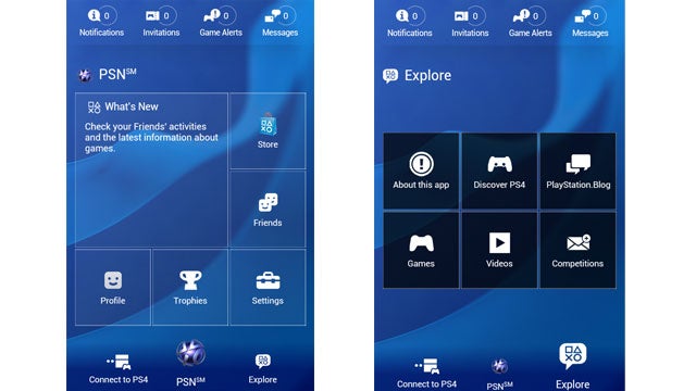 Screenshots of PlayStation app interface showing menu options.