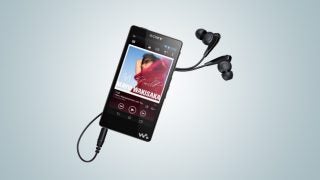 Sony NWZ-F886 Walkman with earphones on a blue background.