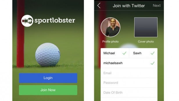 Sportlobster app login screen and profile registration page.