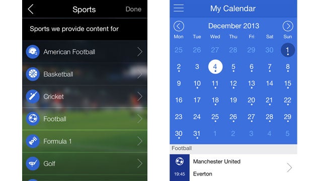 Screenshot of Sportlobster app showing sports categories and calendar feature.
