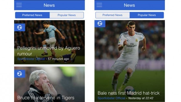 Screenshots of Sportlobster app showing football news updates.
