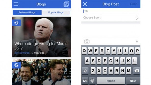 Screenshots of Sportlobster app's blog and post creation features.