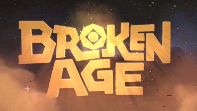 Broken Age game title screen with logo and orange backdrop.
