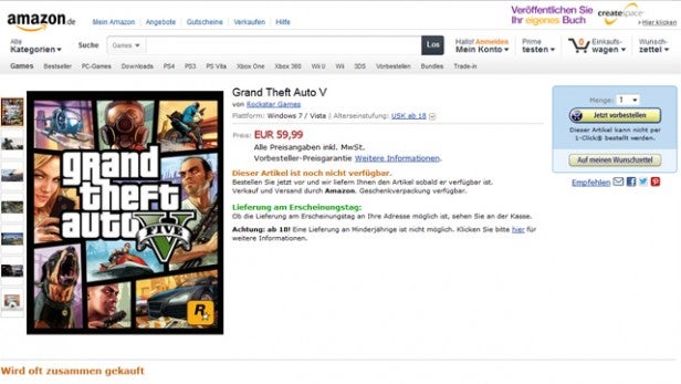 GTA 5 PC Edition listing on Amazon Germany