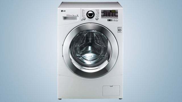 LG F14A8FDA front-loading washing machine on a blue background.