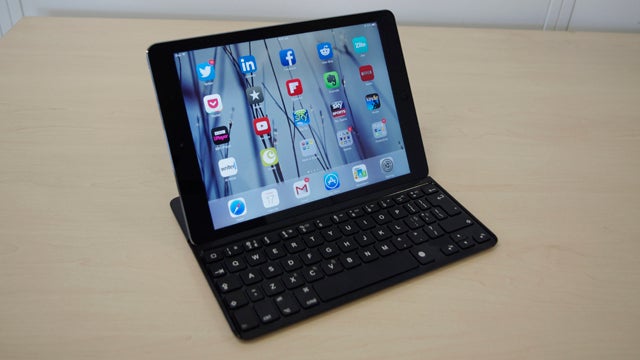 iPad Air with Logitech Ultrathin Keyboard Cover on desk.