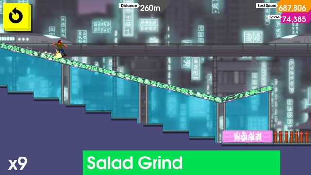Screenshot from OlliOlli game showing character performing a Salad Grind.
