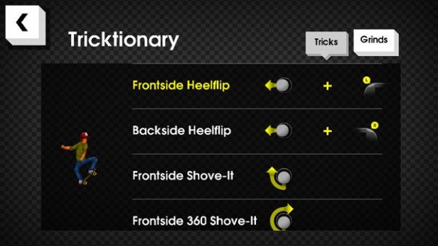 Screenshot of OlliOlli game Tricktionary menu with skateboard tricks.
