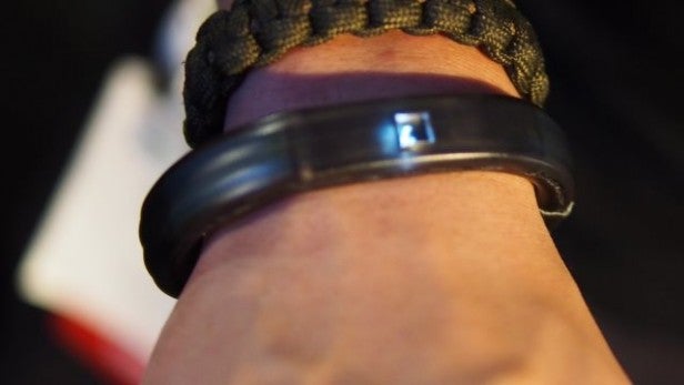 Razer Nabu smartband worn on a person's wrist.Close-up of a Razer Nabu smartband on a wrist.
