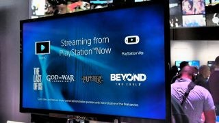 PlayStation Now streaming service advertisement on a TV screen.