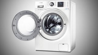 Samsung WF90F7E6U6W EcoBubble washing machine front view.
