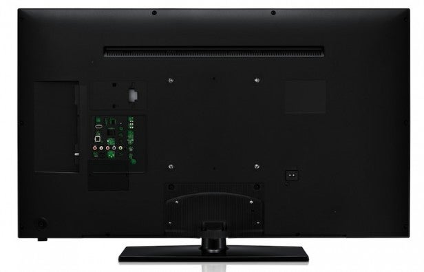 Samsung UE42F5000Back view of a modern flat-screen monitor showing ports and stand.