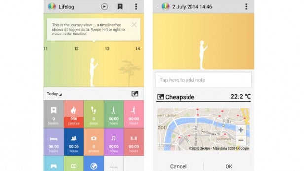 Screenshots of a lifelog and location tracking mobile app.