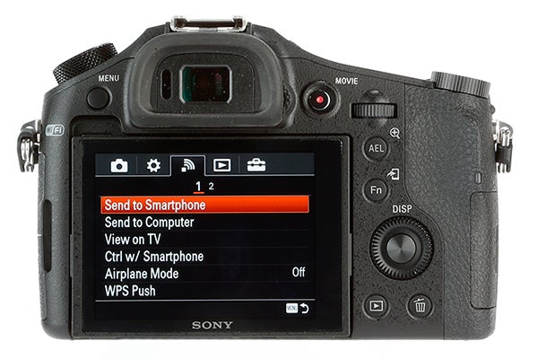 Sony RX10 camera displaying wireless connectivity options on screen.