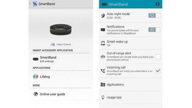Sony SmartBand application interface and settings options