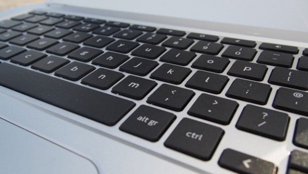 Toshiba ChromebookClose-up of laptop keyboard focusing on keys and trackpad.