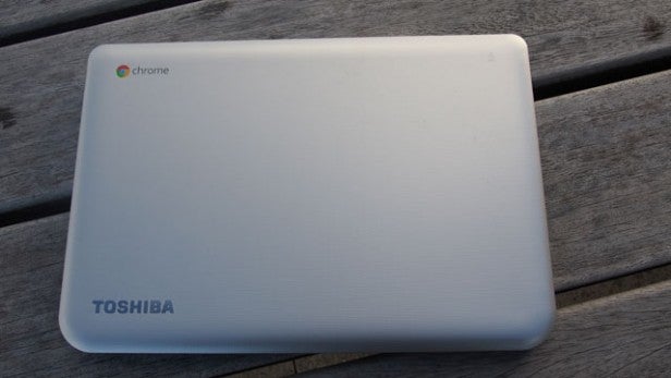 Toshiba Chromebook closed lid on wooden surface.