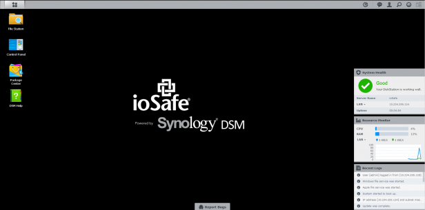 ioSafe 214 UIScreenshot of Synology DiskStation Manager interface with performance metrics.