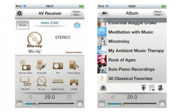Marantz SR6008Screenshot of AV receiver and music album interfaces on a mobile device.