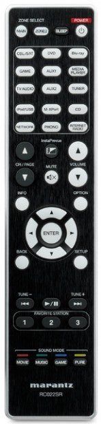 Marantz SR6008Black universal remote control with multiple buttons.
