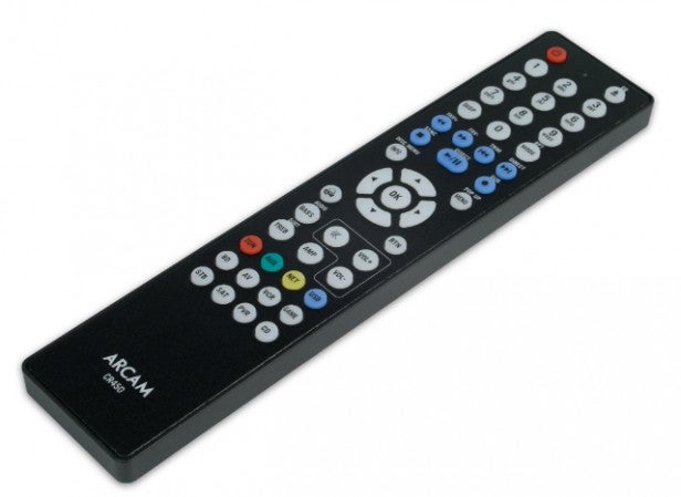 Arcam AVR450Black universal remote control with multicolored buttons.