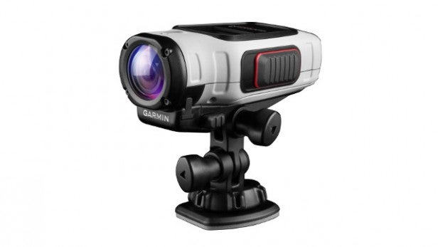 Garmin VIRB EliteGarmin action camera on suction mount against white background.