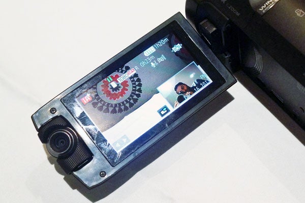 Panasonic HC-W850 camcorder with secondary camera in use.