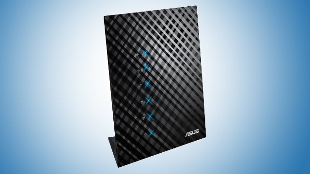 Asus RT-AC52U Wi-Fi router on a gradient blue background.