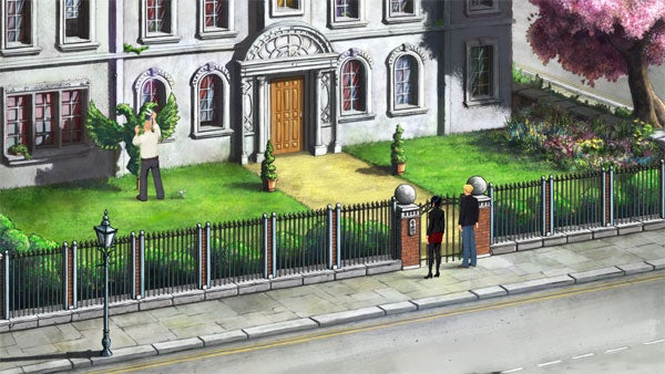 Screenshot of gameplay from Broken Sword 5 with characters outside a mansion.
