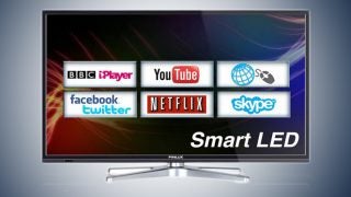 Finlux Smart LED TV displaying various streaming app logos.