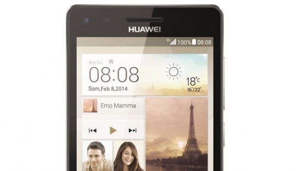 Huawei Ascend G6 smartphone displaying date and weather widget.