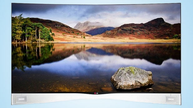 LG 55EA980W OLED TV displaying a vibrant landscape scene.