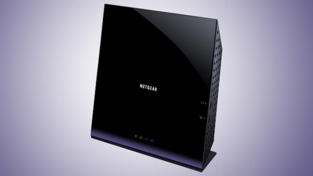 NETGEAR router showcasing sleek black design against purple background.