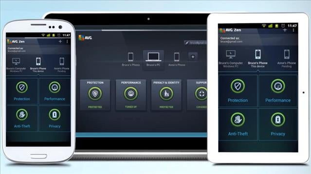 AVG Zen application interface on smartphone and tablet screens.