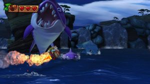 Screenshot of Donkey Kong escaping from sharks in a video game.