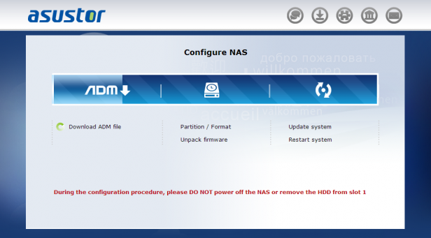 Asustor NAS configuration process screen showing setup options.