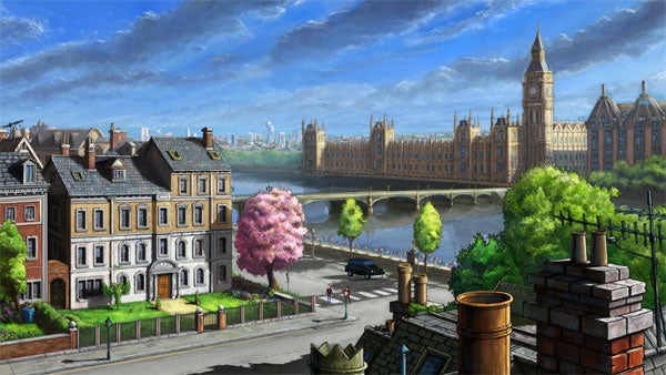 Artwork from Broken Sword 5 game featuring London's iconic landmarks.