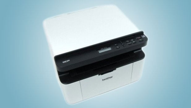 Brother DCP-1510 monochrome laser printer on blue background.