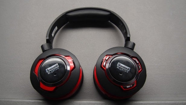 Creative Sound Blaster EVO ZxR headphones on gray background.