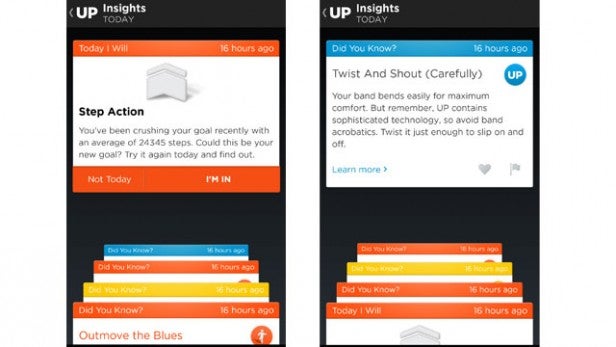 Screenshots of Jawbone UP24 app showing insights and tips.