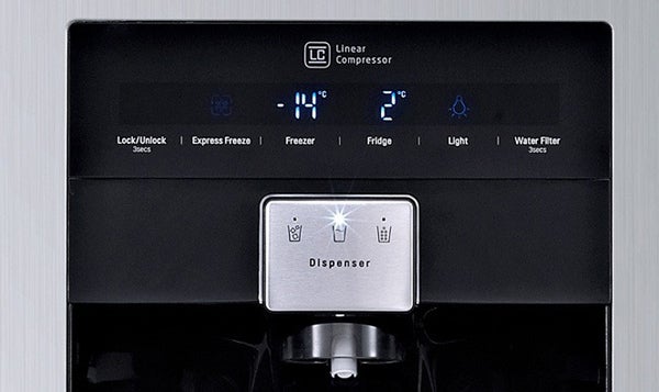 LG GSL545NSYV refrigerator dispenser and control panel.