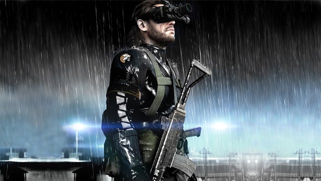 Character from Metal Gear Solid V in the rain with gear.