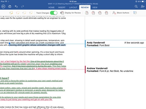 Screenshot of Office for iPad showing document editing features.