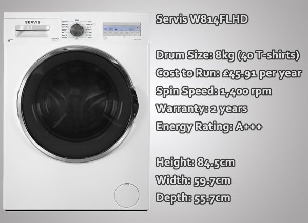 Servis W814FLHD washing machine with specifications and performance data.