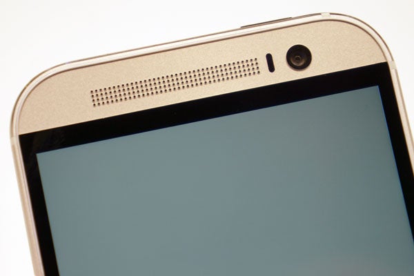 Close-up of HTC One M8 front camera and speaker grill.