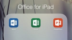 Office for iPad icons for Word, Excel, and PowerPoint.