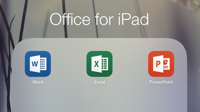 Office for iPad icons for Word, Excel, and PowerPoint.