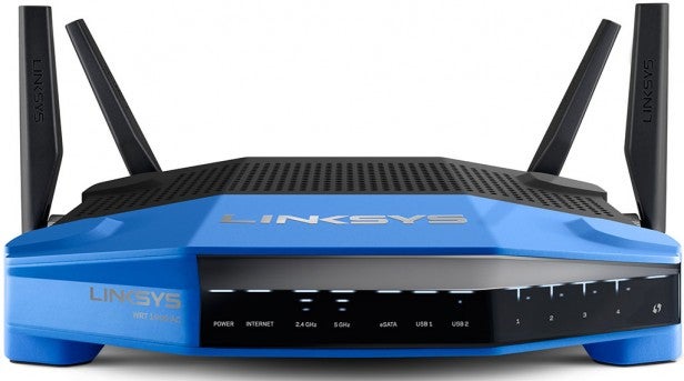 Linksys WRT1900AC Router with antennas and status lights.
